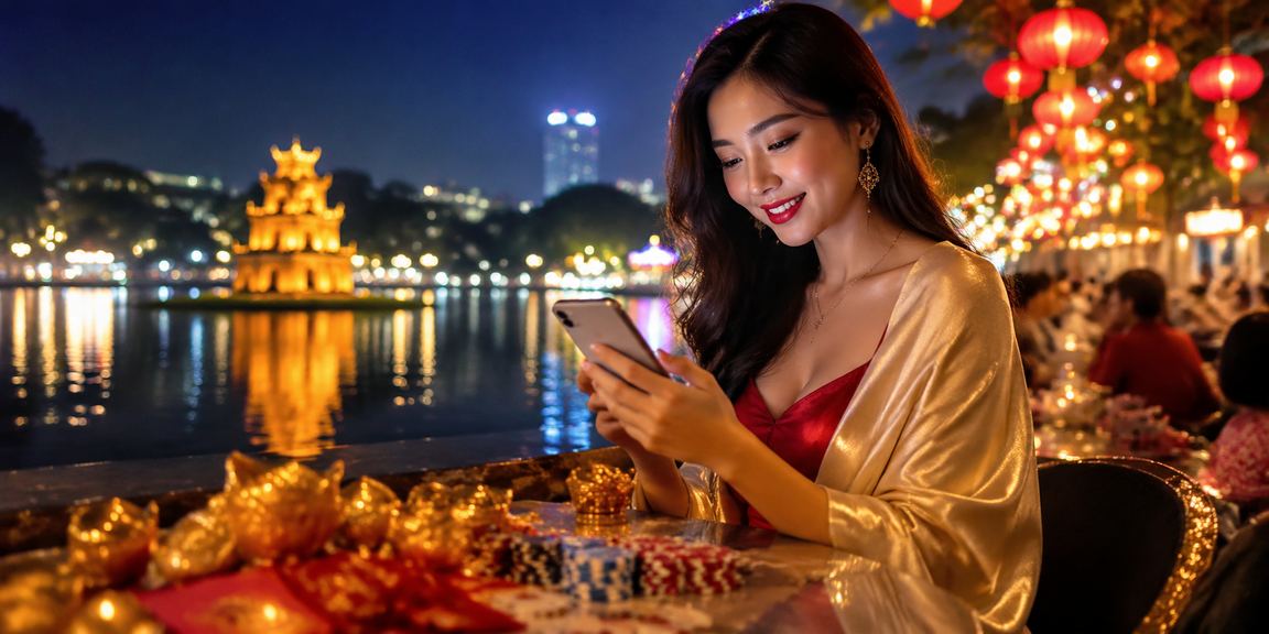 Người chơi sử dụng điện thoại tại khu phố đêm Hà Nội, tham gia casino di động